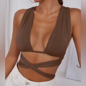 Brown Unity Solid Crisscross Tie Back Crop Top